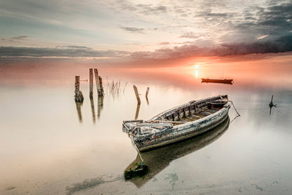Moody Sunset with Rustic Old Boat Calm Coastal Reflection Wall Art Decor 100% Australian Made