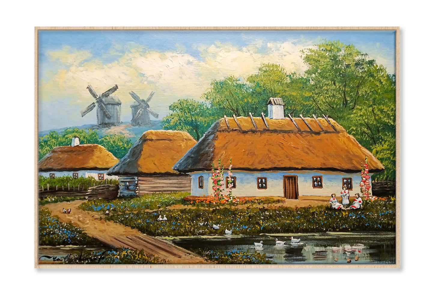 House in the Woods Windmill & Lake Oil Painting Wall Art Limited Edition High Quality Print Canvas Box Framed Natural