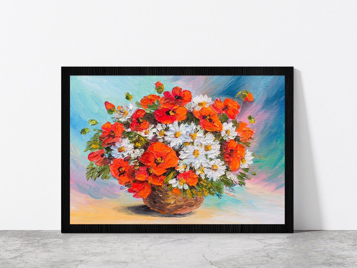 Flower Bouquet Of Poppies & Daisies Glass Framed Wall Art, Ready to Hang Quality Print Without White Border Black