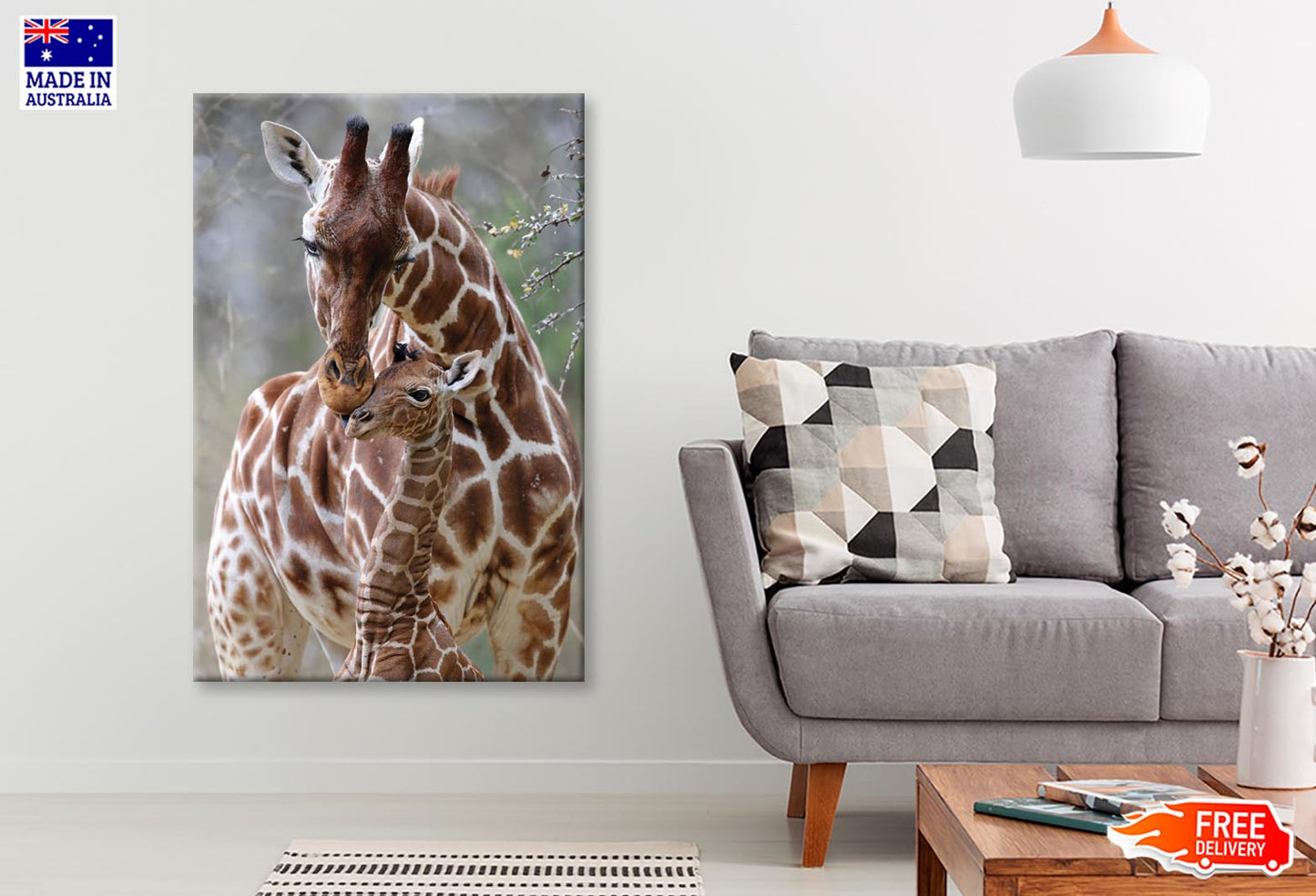 Closeup Of Cute Reticulated Giraffe Baby with Parent Wall Art Decor 100% Australian Made