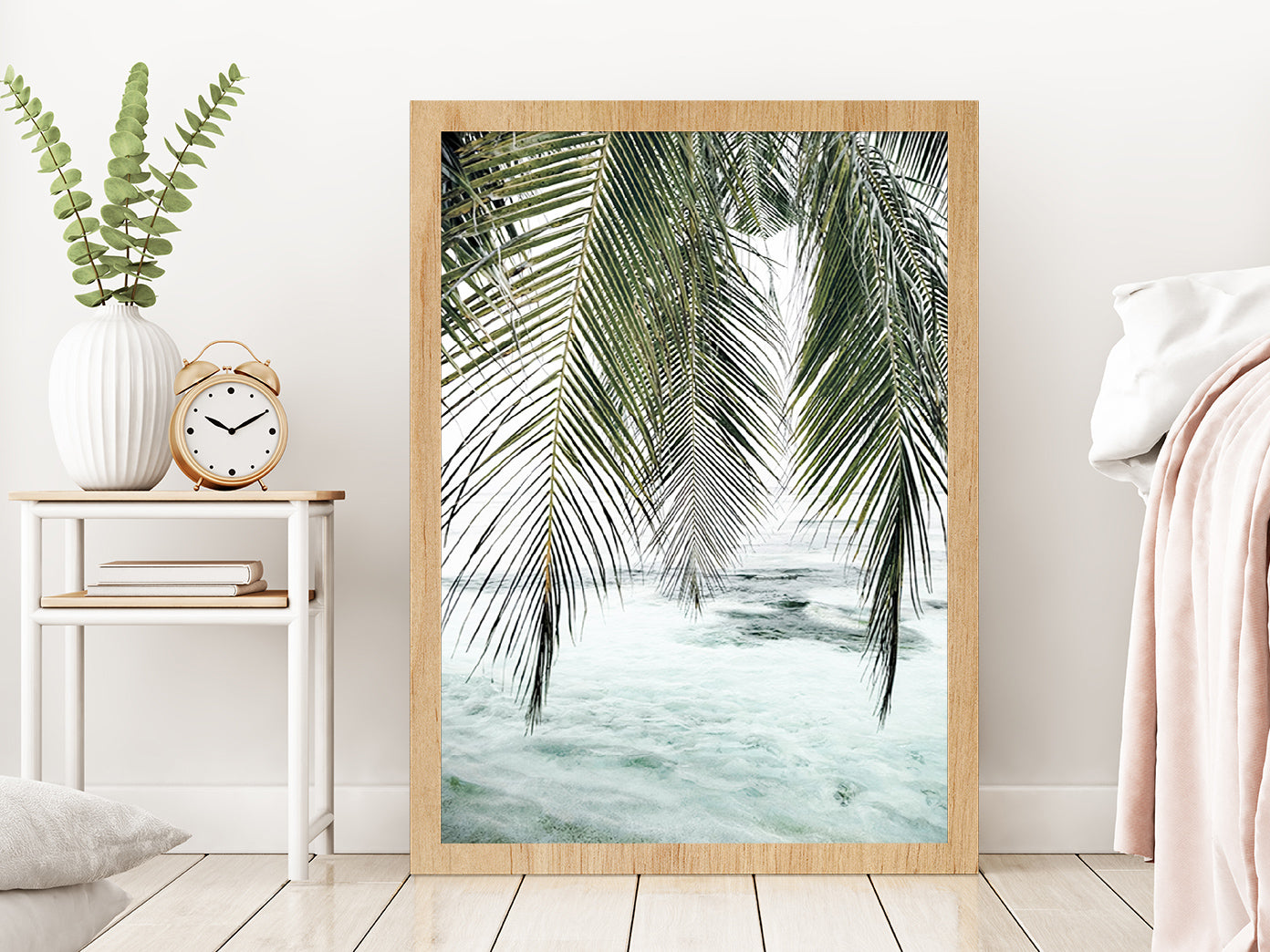 Palm Leaves & Calm Sea Photograph Glass Framed Wall Art, Ready to Hang Quality Print Without White Border Oak