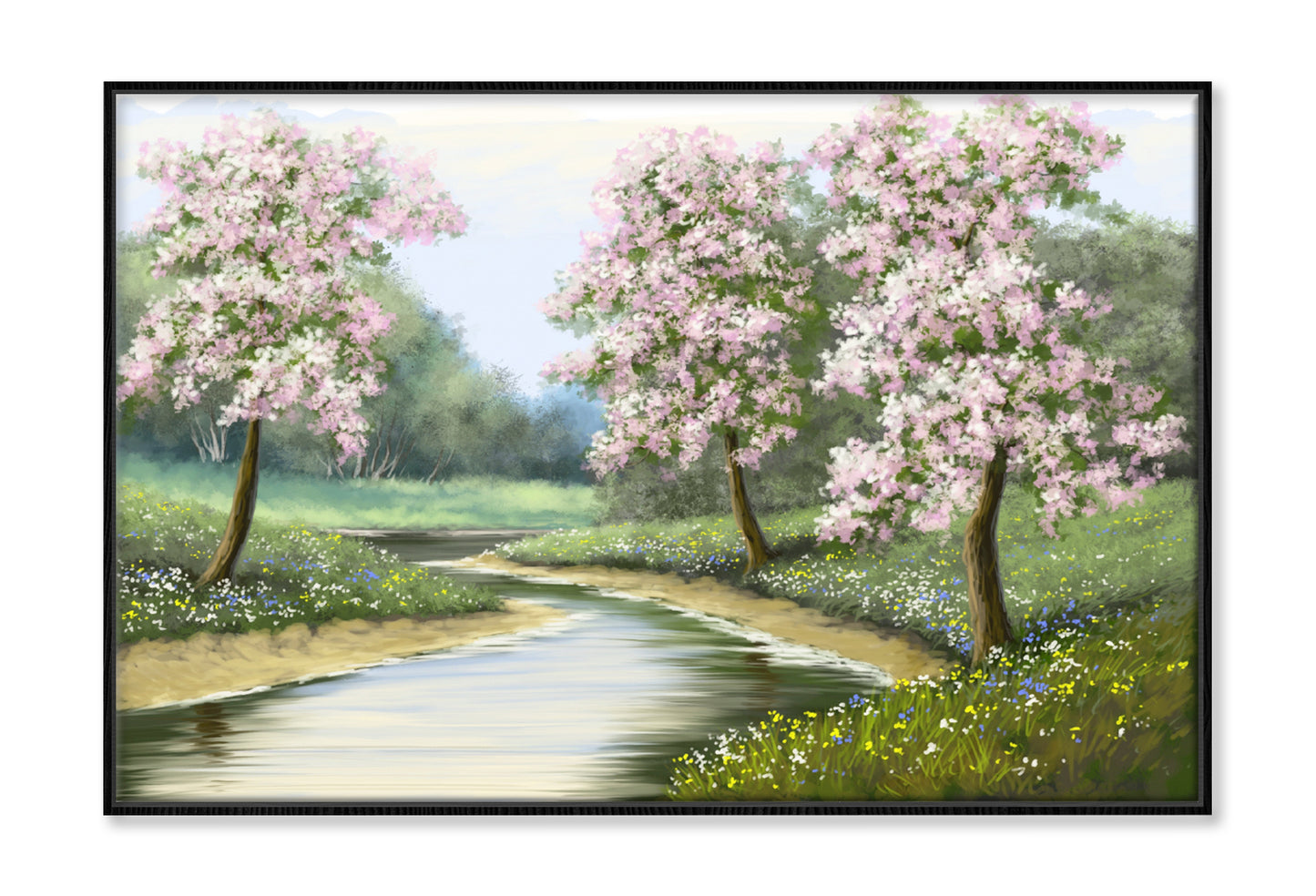 Spring Flower Trees near River Oil Painting Wall Art Limited Edition High Quality Print Canvas Box Framed Black