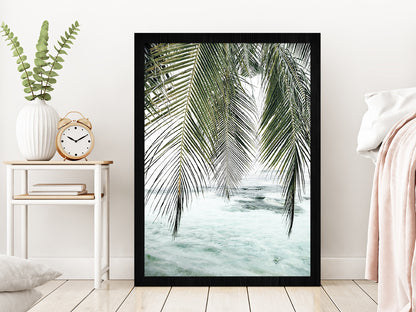 Palm Leaves & Calm Sea Photograph Glass Framed Wall Art, Ready to Hang Quality Print Without White Border Black