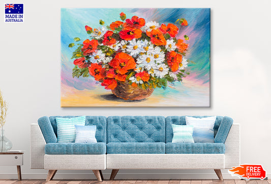 Flower Bouquet Of Poppies & Daisies Oil Painting Wall Art Limited Edition High Quality Print