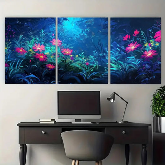 3pcs Vibrant Blue & Pink Floral Scene Metal Print Ready to Hang Art