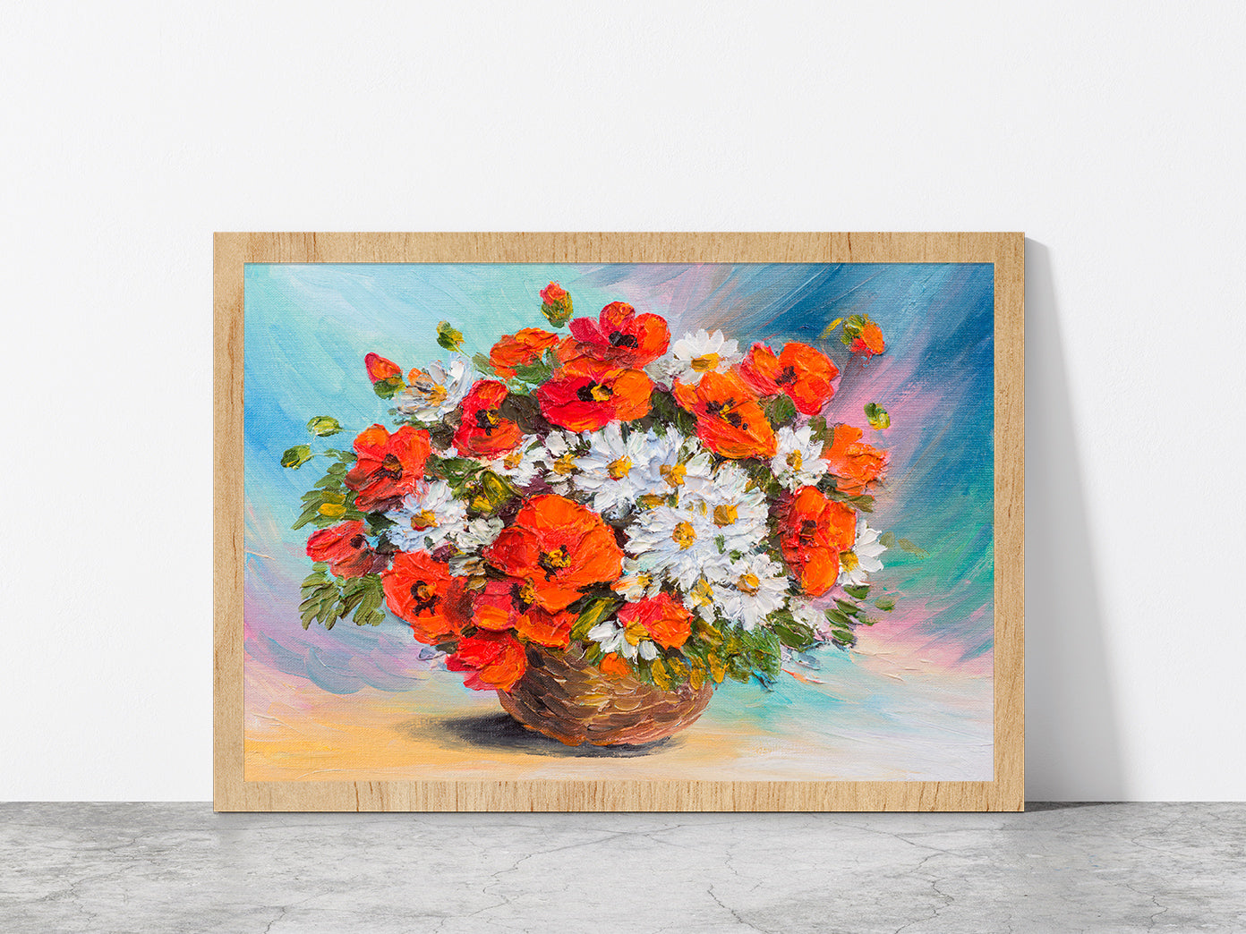 Flower Bouquet Of Poppies & Daisies Glass Framed Wall Art, Ready to Hang Quality Print Without White Border Oak