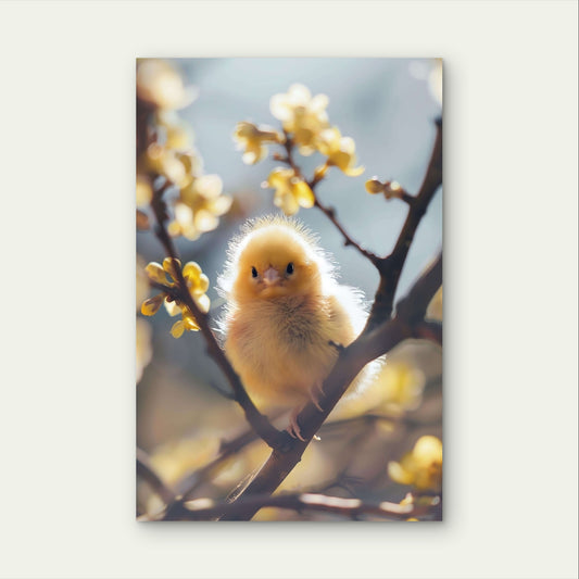 Adorable Yellow Chick Perched Tree Branch 40x60cm Metal Print Ready to Hang