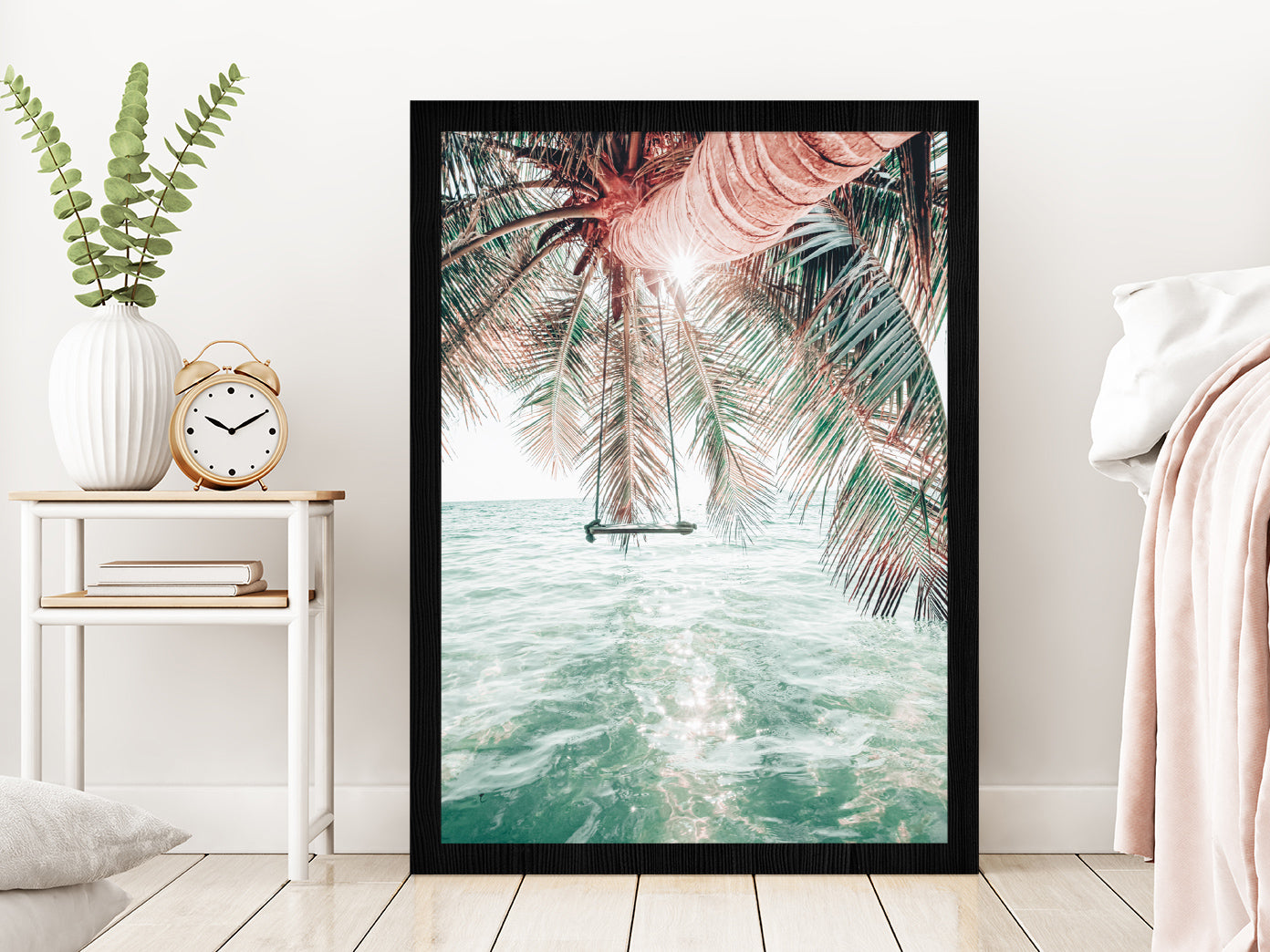 Palm Tree & Clear Water Sea Photograph Glass Framed Wall Art, Ready to Hang Quality Print Without White Border Black