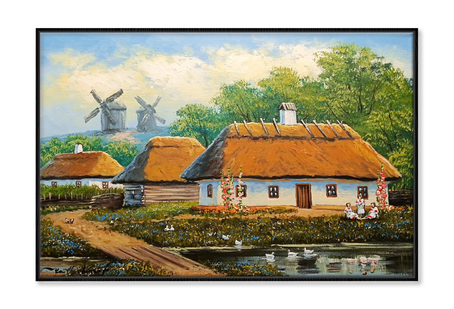 House in the Woods Windmill & Lake Oil Painting Wall Art Limited Edition High Quality Print Canvas Box Framed Black