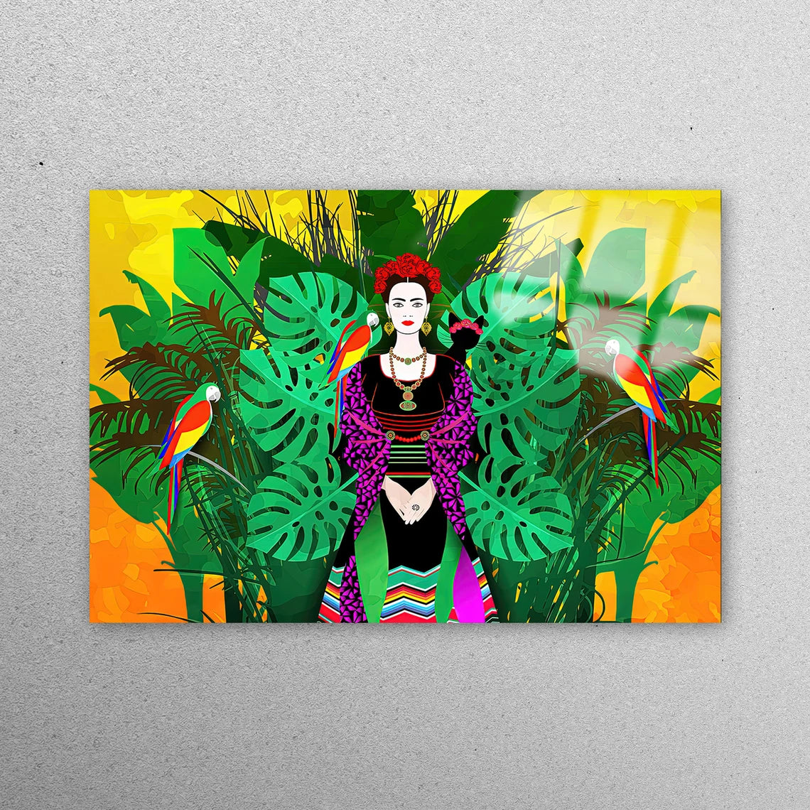 Frida With Parrots Illustration Acrylic Glass Print Tempered Glass Wall Art 100% Made in Australia Ready to Hang