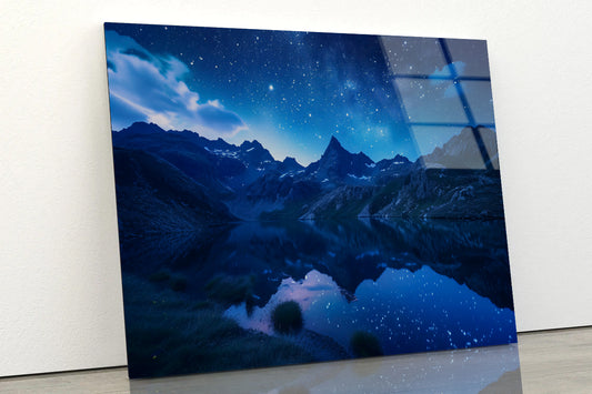 Night View with Mountain Lake and Starry Sky Acrylic Glass Print Tempered Glass Wall Art 100% Made in Australia Ready to Hang