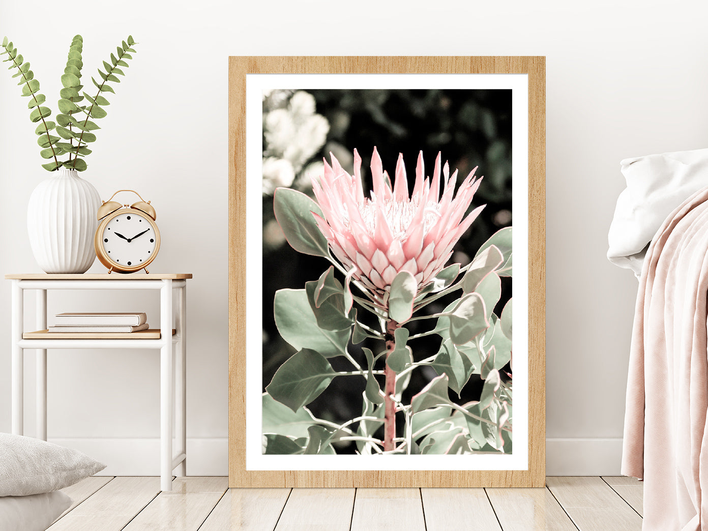 Protea Flower & Plant Closeup Photograph Glass Framed Wall Art, Ready to Hang Quality Print With White Border Oak