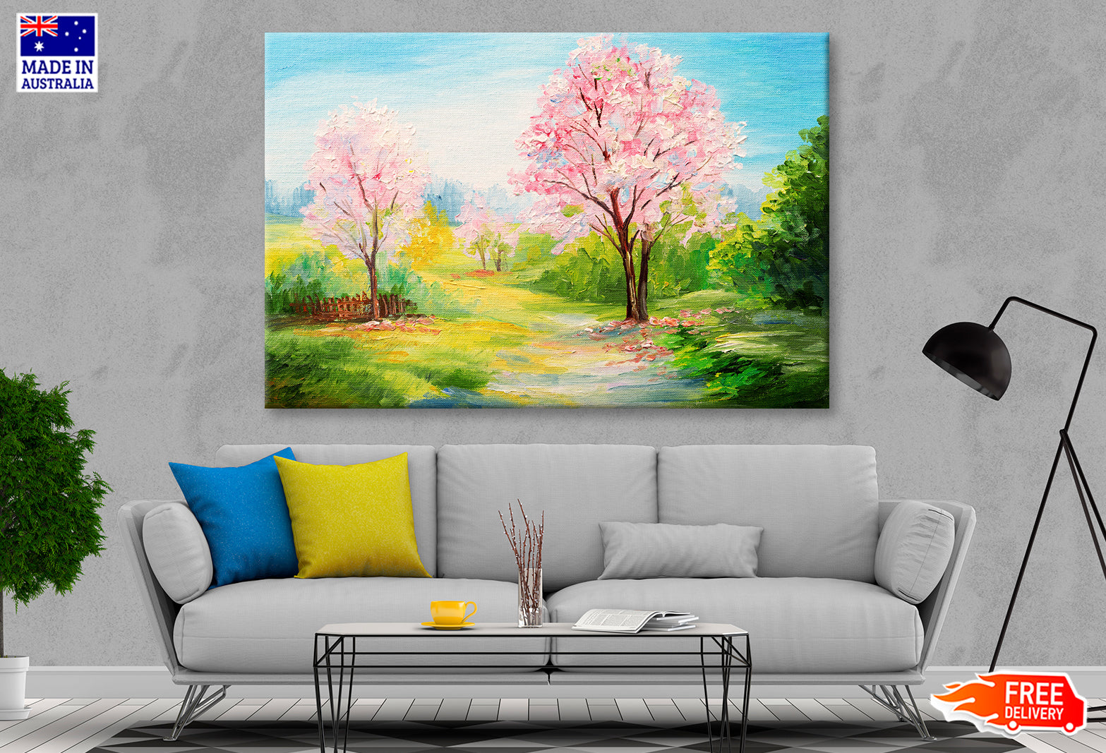 Cherry Blossom Trees & Landsape Watercolor Painting Wall Art Limited Edition High Quality Print