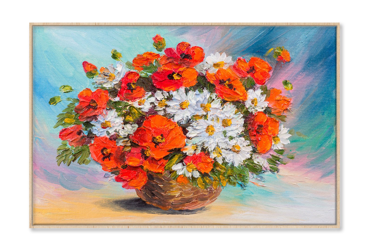 Flower Bouquet Of Poppies & Daisies Oil Painting Wall Art Limited Edition High Quality Print Canvas Box Framed Natural