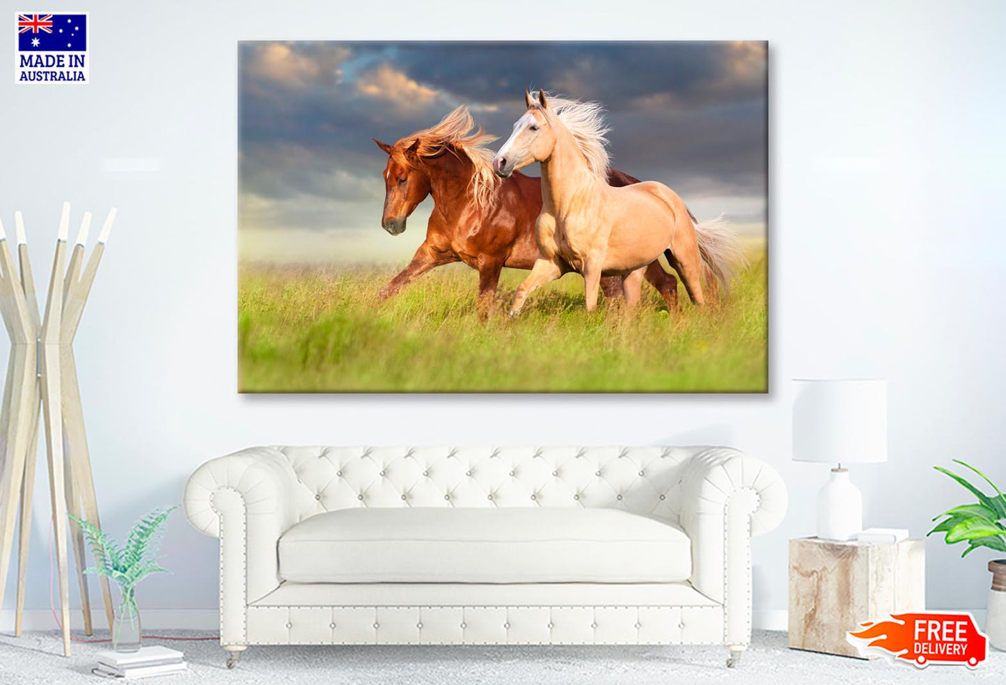 Horses Running in A Field with A Cloudy Sky Wall Art Decor 100% Australian Made