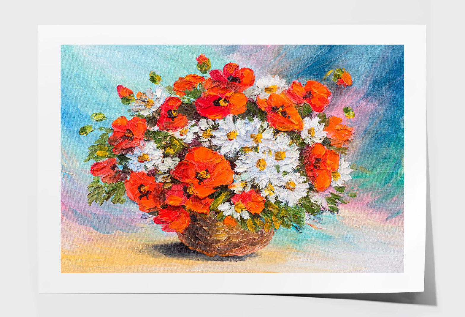 Flower Bouquet Of Poppies & Daisies Oil Painting Wall Art Limited Edition High Quality Print Unframed Roll Canvas None