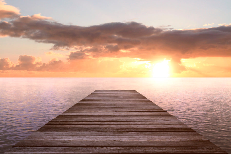 Golden Sea Sunset View of Pier or Jetty in The Tropical in The Summer Acrylic Glass Print Tempered Glass Wall Art 100% Made in Australia Ready to Hang