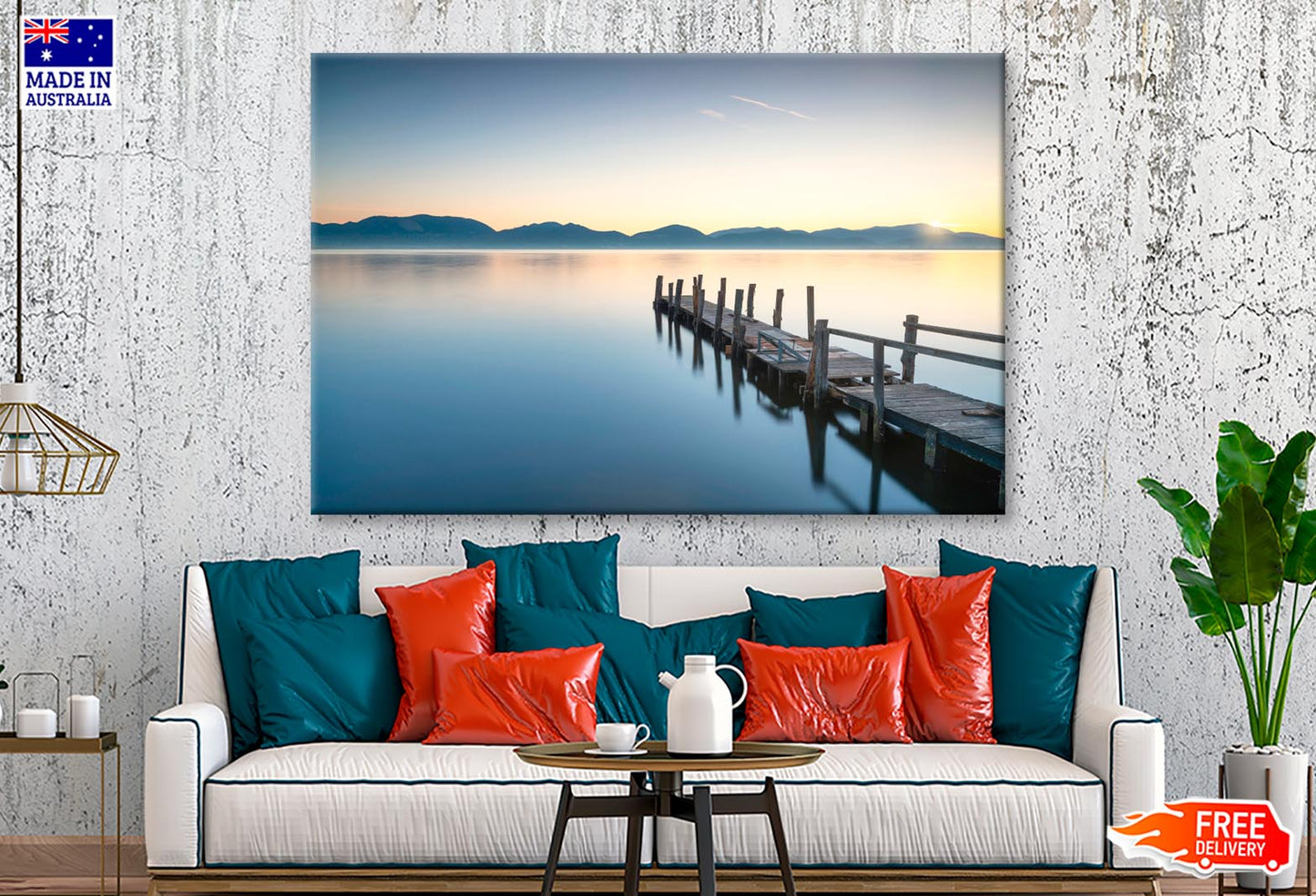 Wooden Pier or Jetty and Lake At Sunrise  Wall Art Decor 100% Australian Made