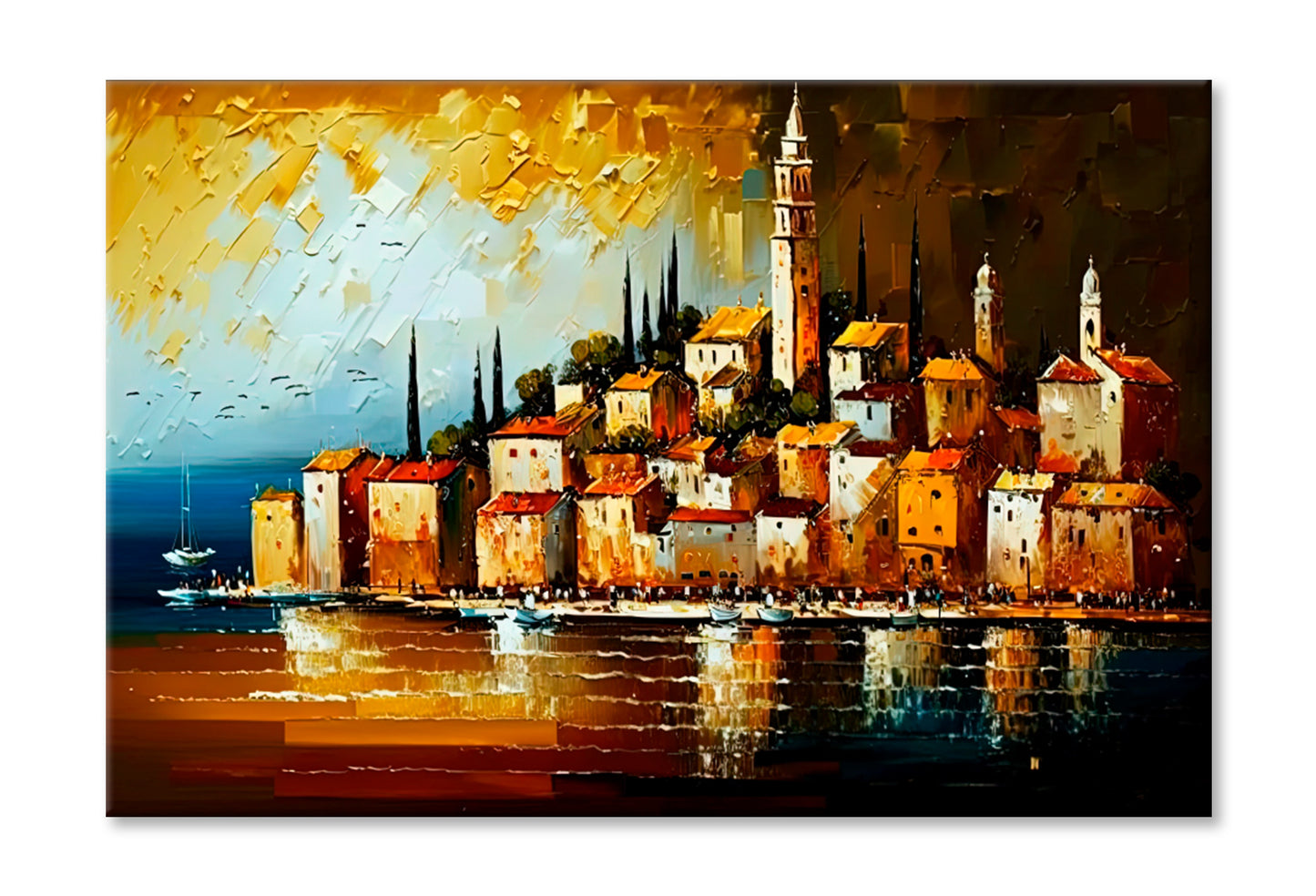 Mediterranean Coastal City Oil Painting Wall Art Limited Edition High Quality Print Stretched Canvas None