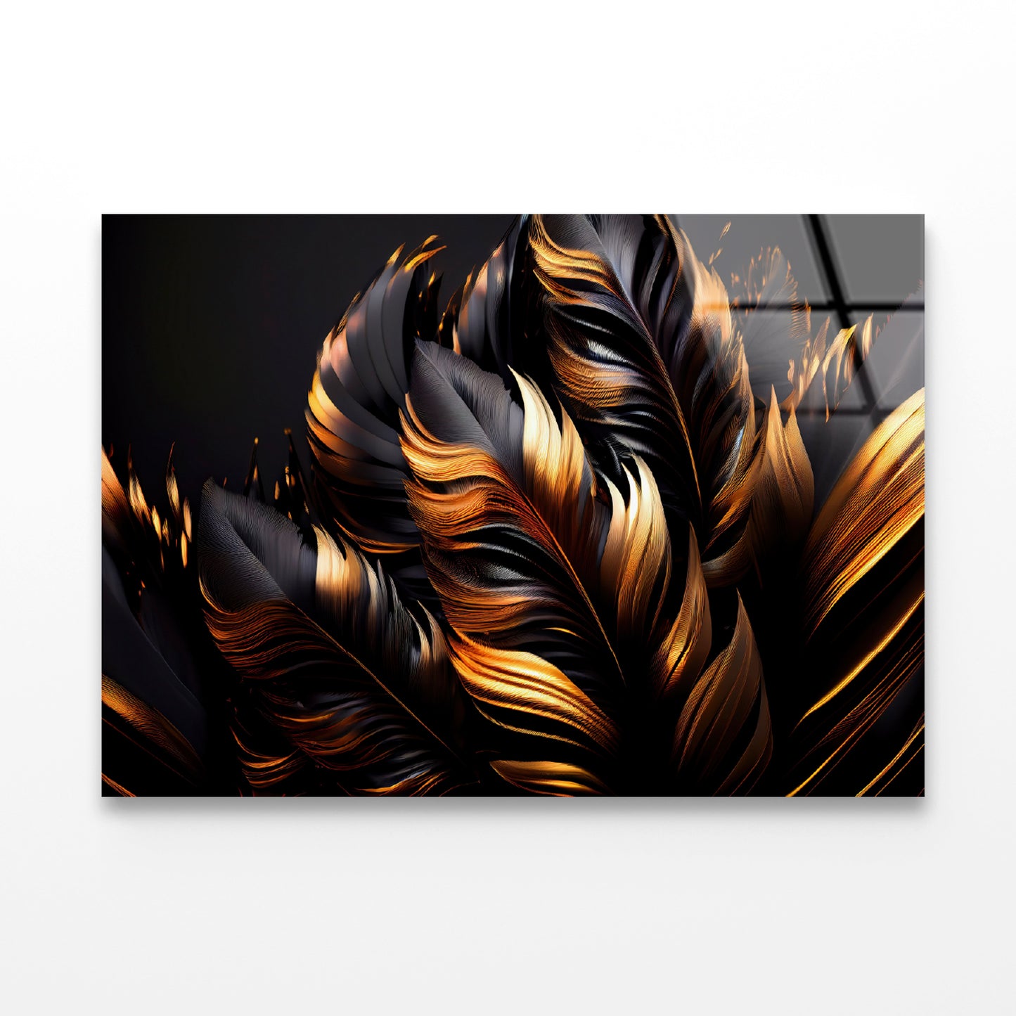 Black and Gold Feathers Acrylic Glass Print Tempered Glass Wall Art 100% Made in Australia Ready to Hang