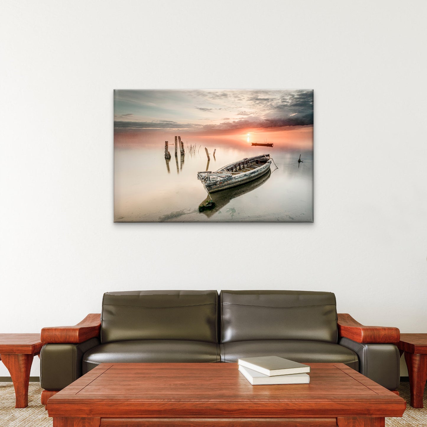 Moody Sunset with Rustic Old Boat Calm Coastal Reflection Wall Art Decor 100% Australian Made