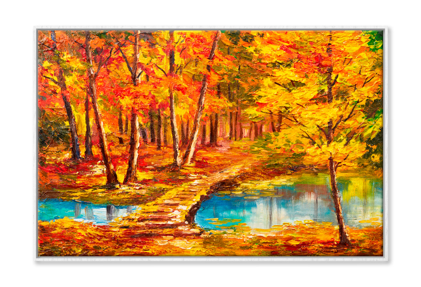 Autumn Forest Near The River, Orange Leaves Oil Painting Limited Edition High Quality Print Canvas Box Framed White