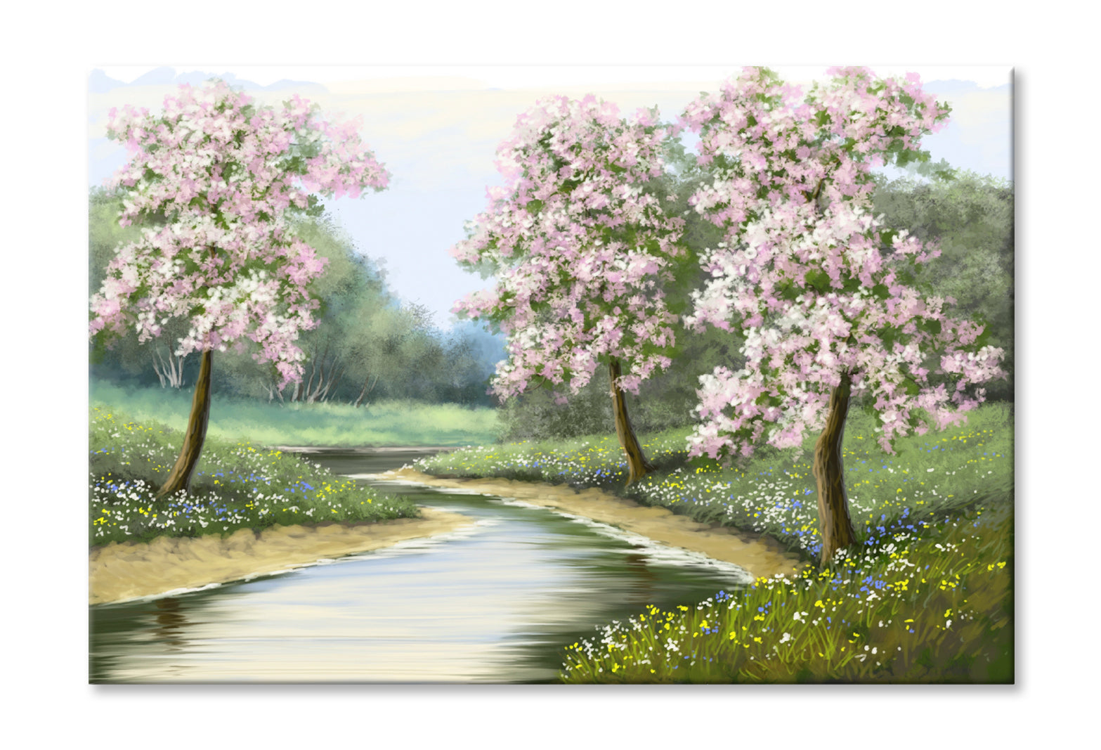 Spring Flower Trees near River Oil Painting Wall Art Limited Edition High Quality Print Stretched Canvas None