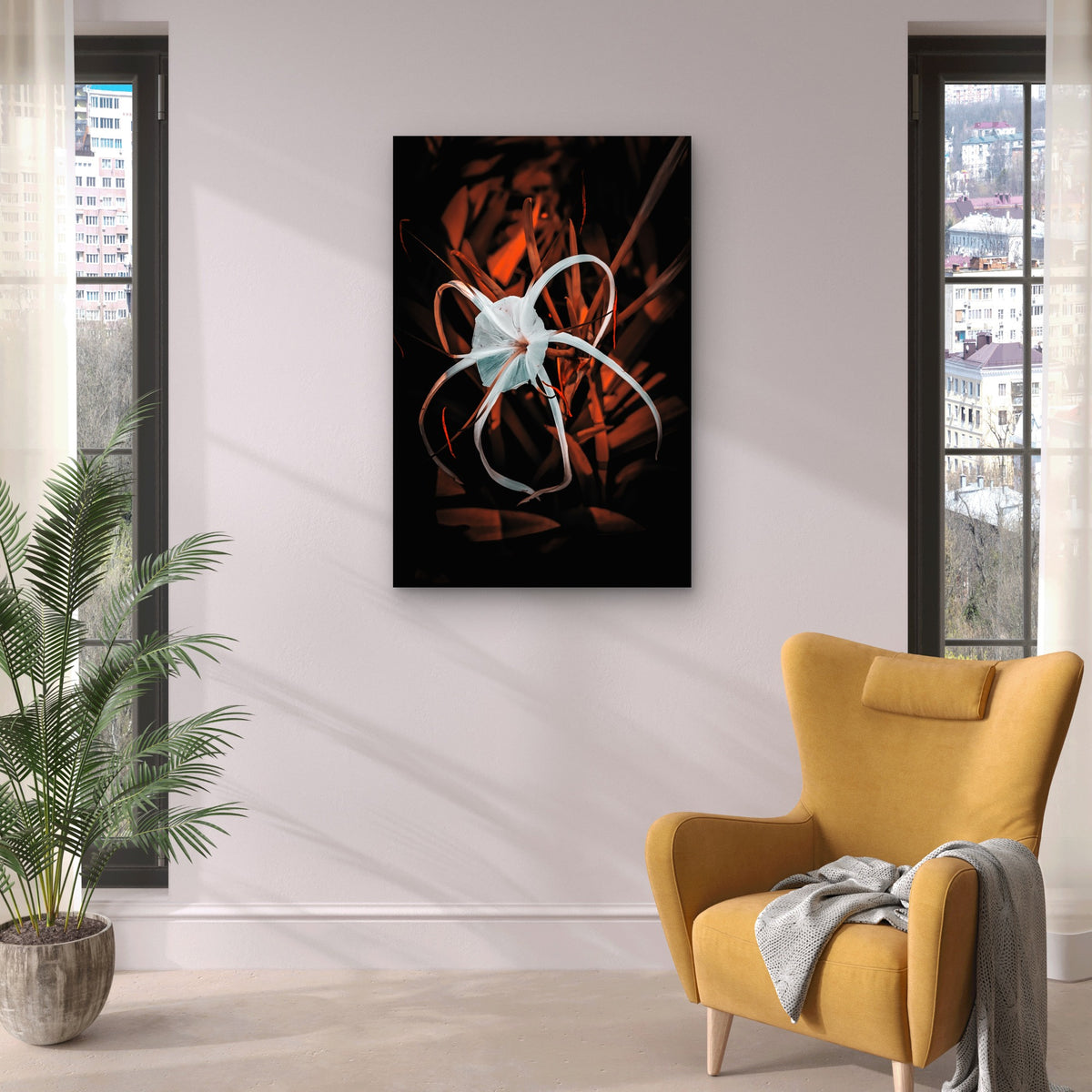 White Spider Lily Dark Nature 60x90cm Metal Print Ready to Hang