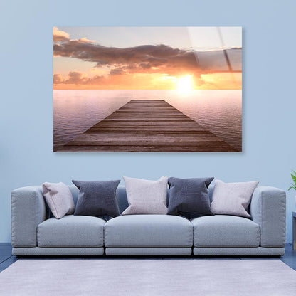 Golden Sea Sunset View of Pier or Jetty in The Tropical in The Summer Acrylic Glass Print Tempered Glass Wall Art 100% Made in Australia Ready to Hang