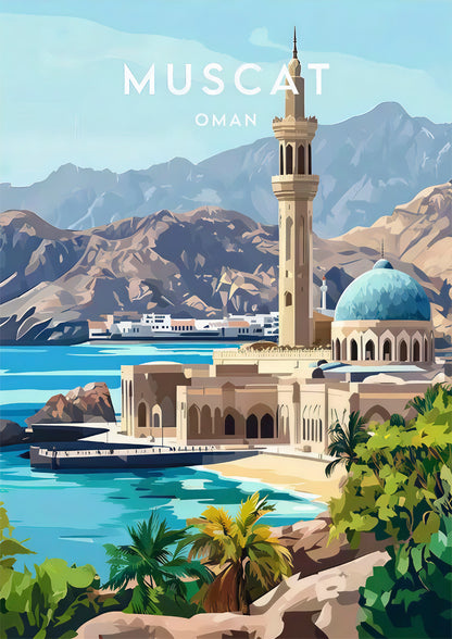 Muscat Oman Vibrant Coastal Middle Eastern Architecture Travel Poster Print Wall Art