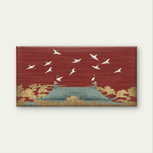 Red Asian Temple Flying Cranes Sky Painting Wall Art Canvas Office Home Framed 120x60cm