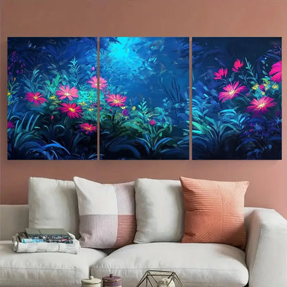 3pcs Vibrant Blue & Pink Floral Scene Metal Print Ready to Hang Art