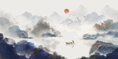 Chinese Ink Wash Mountain Boat Wall Art Canvas Office Home Room Framed 120x60cm