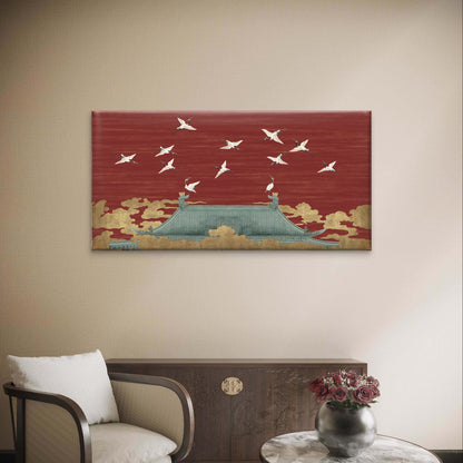 Red Asian Temple Flying Cranes Sky Painting Wall Art Canvas Office Home Framed 120x60cm