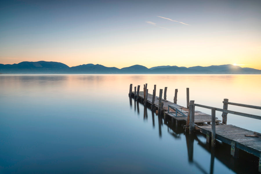 Wooden Pier or Jetty and Lake At Sunrise  Wall Art Decor 100% Australian Made