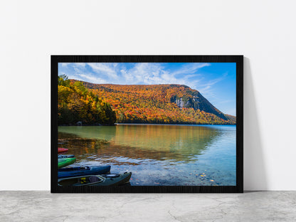 Autumn Forest With Lake & Boats Glass Framed Wall Art, Ready to Hang Quality Print Without White Border Black