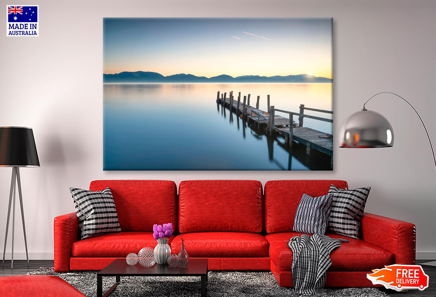 Wooden Pier or Jetty and Lake At Sunrise  Wall Art Decor 100% Australian Made