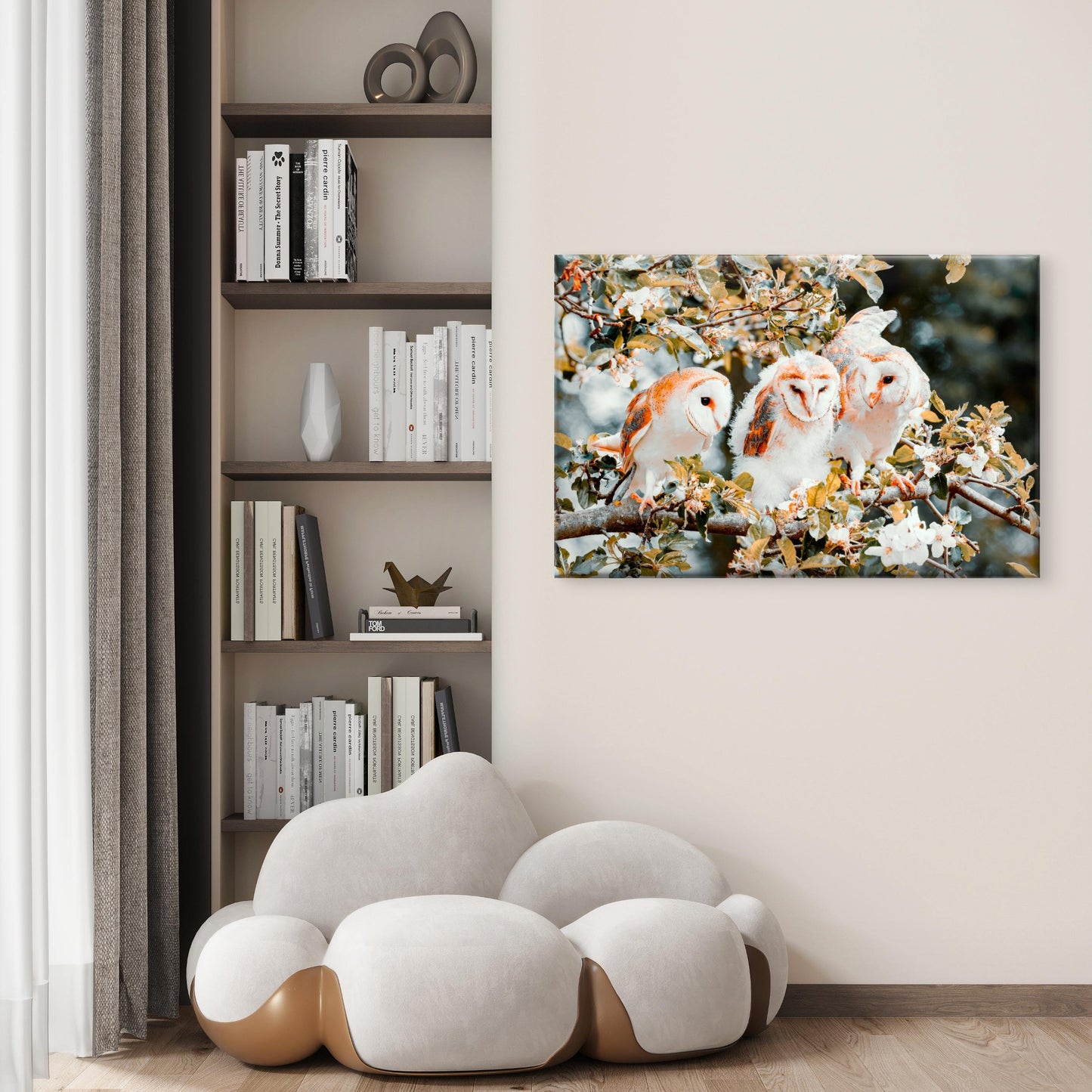 Majestic Barn Owls Perched on a Flowering Branch Wall Art Decor 100% Australian Made
