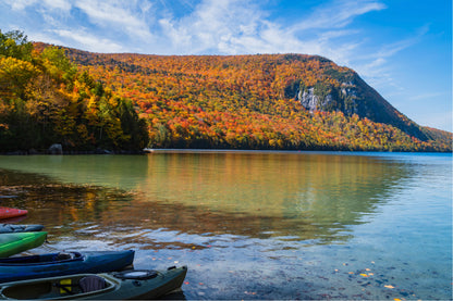 Autumn Forest With Lake & Boats Glass Framed Wall Art, Ready to Hang Quality Print