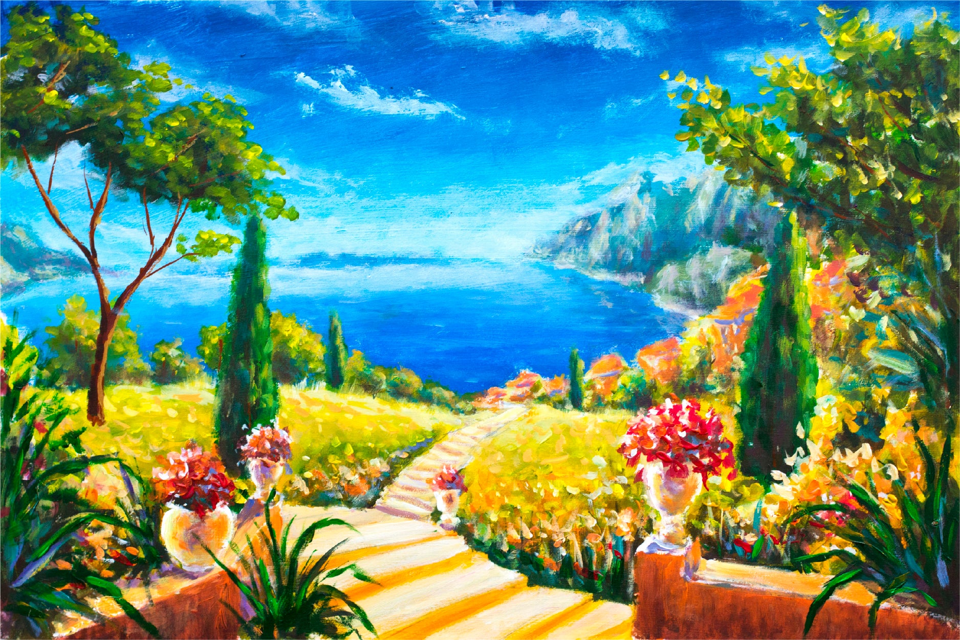 Road To The Ocean, Vases With Flowers & Beautiful Mountains Glass Framed Wall Art, Ready to Hang Quality Print