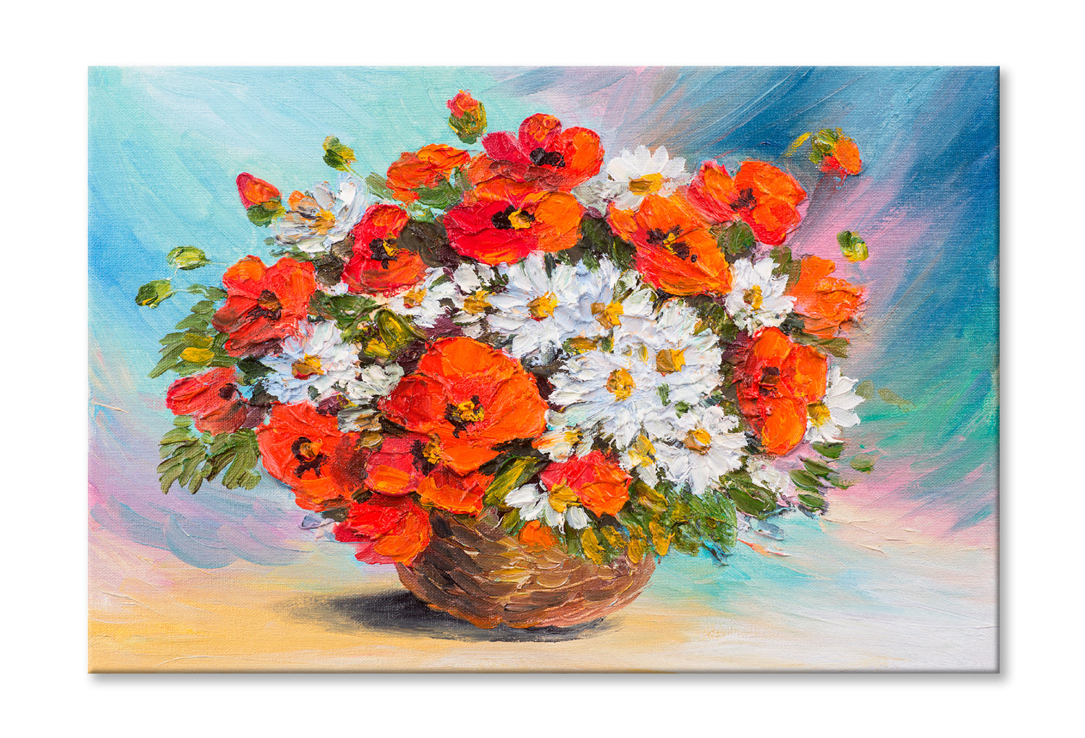 Flower Bouquet Of Poppies & Daisies Oil Painting Wall Art Limited Edition High Quality Print Stretched Canvas None