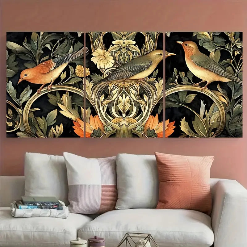 3pcs Brown Beige Songbirds Botanical Metal Print Ready to Hang Art