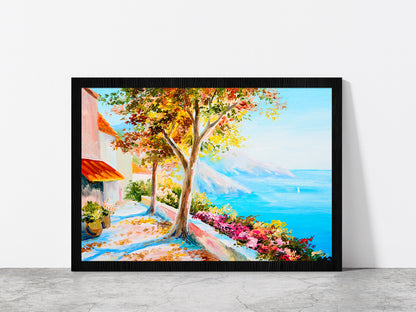 House Near The Sea Seascape Painting Glass Framed Wall Art, Ready to Hang Quality Print Without White Border Black