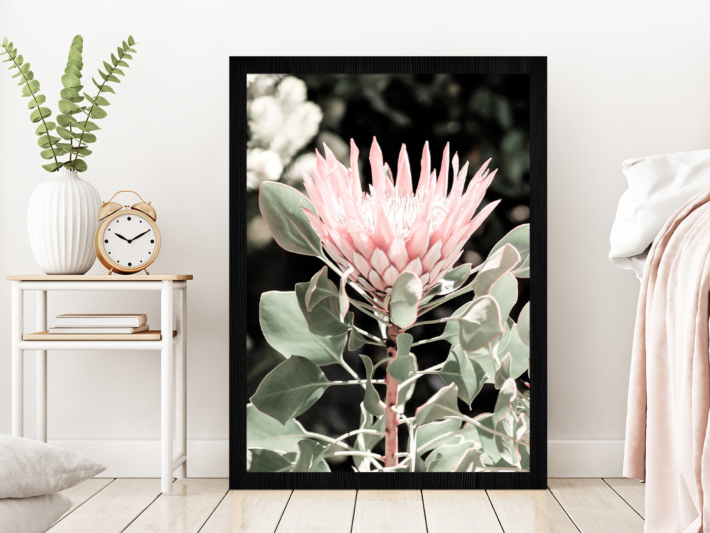 Protea Flower & Plant Closeup Photograph Glass Framed Wall Art, Ready to Hang Quality Print Without White Border Black