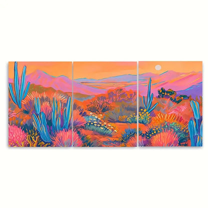 3pcs Vibrant Neon Canyon Cactus Desert Metal Print Ready to Hang Art
