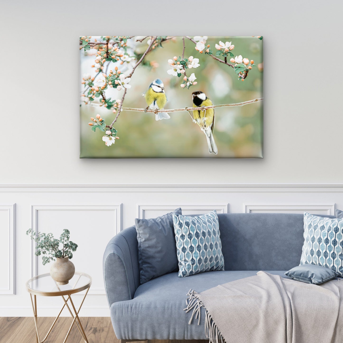 Spring Blossom Eurasian Blue Tit Birds Soft Floral Nursery Wall Art Decor 100% Australian Made