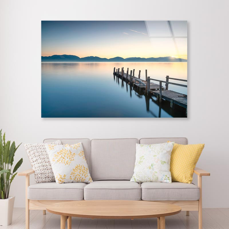 Wooden Pier or Jetty and Lake At Sunrise  Acrylic Glass Print Tempered Glass Wall Art 100% Made in Australia Ready to Hang