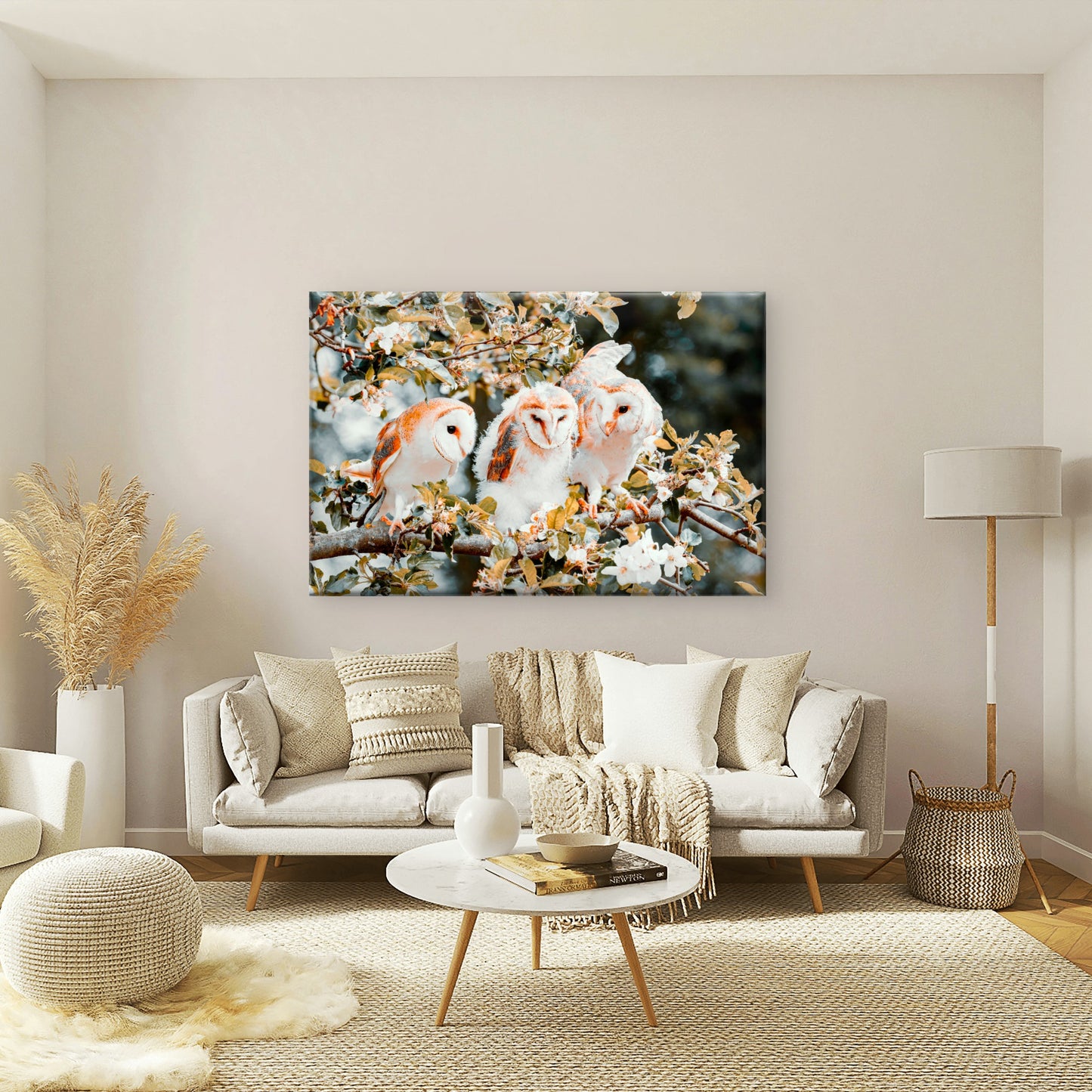 Majestic Barn Owls Perched on a Flowering Branch Wall Art Decor 100% Australian Made