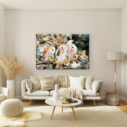 Majestic Barn Owls Perched on a Flowering Branch Wall Art Decor 100% Australian Made