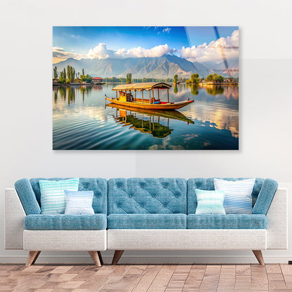 Boat on the Water, Lake, Mountains in India Acrylic Glass Print Tempered Glass Wall Art 100% Made in Australia Ready to Hang